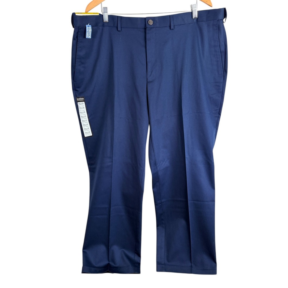 Haggar Premium No Iron Khaki Mens 44x29 Dark Navy Classic Fit Flat Front Stretch